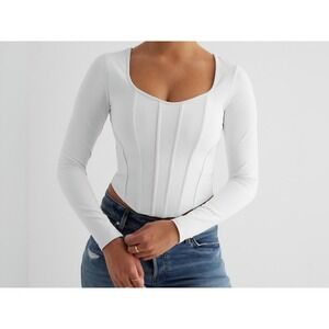 Express Body Contour Large Cream Denim Long Sleeve Corset Top NWT‎ $64 Size XL